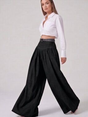 High Waisted Yoke Pleated Wide Leg Palazzo Pants Black